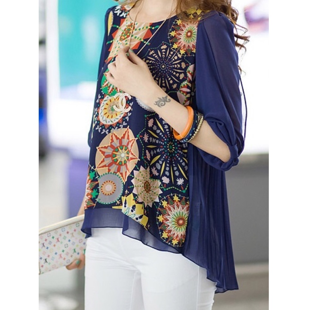 Blue Cream Pattern Chiffon Top - Picture 4 of 9